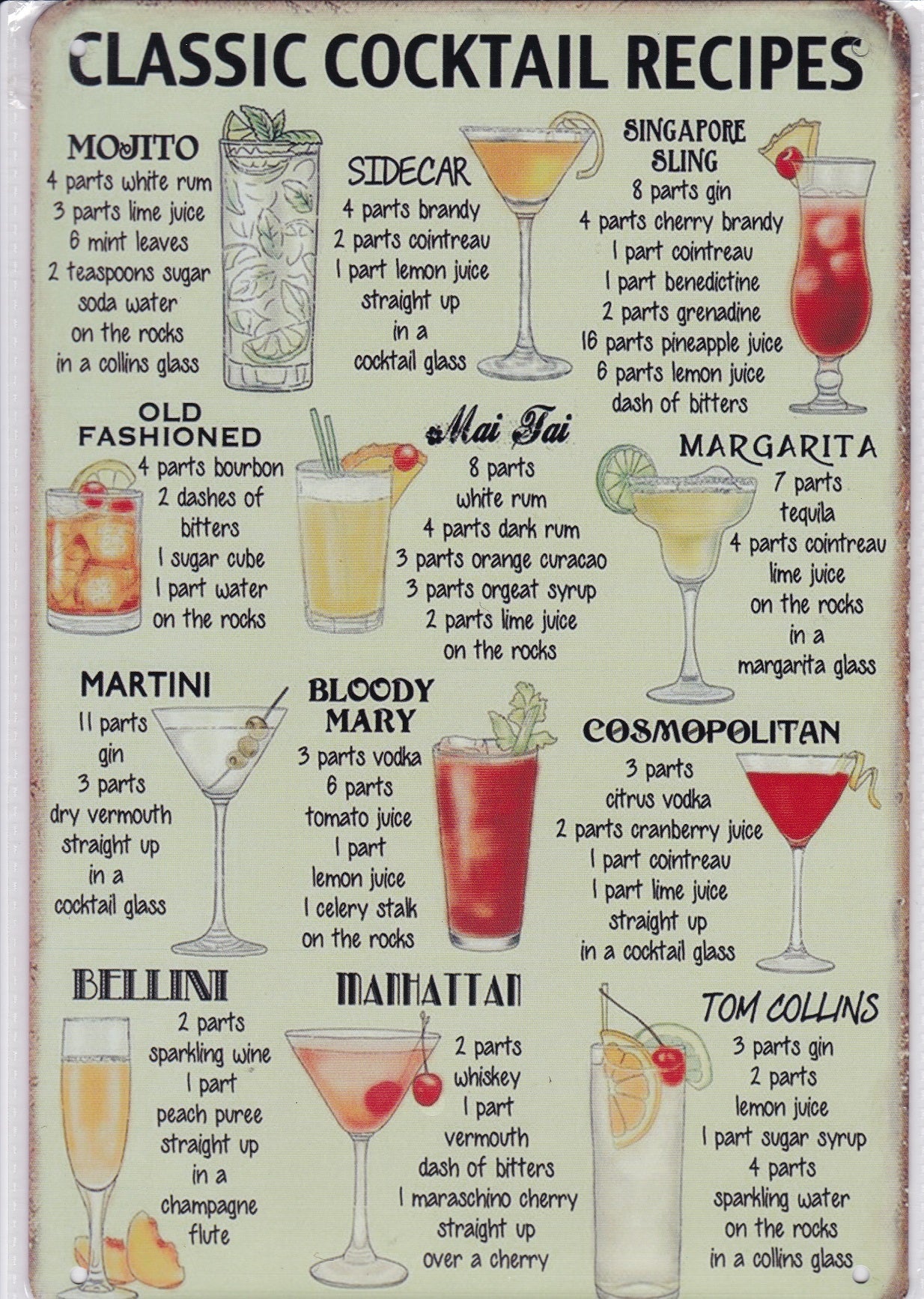 Classic Cocktail Recipies Vintage Metal Sign