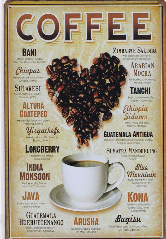 Coffee Types Vintage Metal Sign