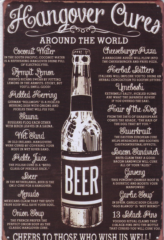 Hangover Cures Around The World Vintage Metal Sign