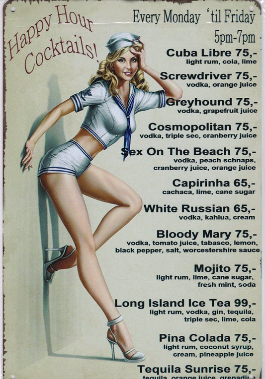 Happy Hour Cocktails Vintage Metal Sign