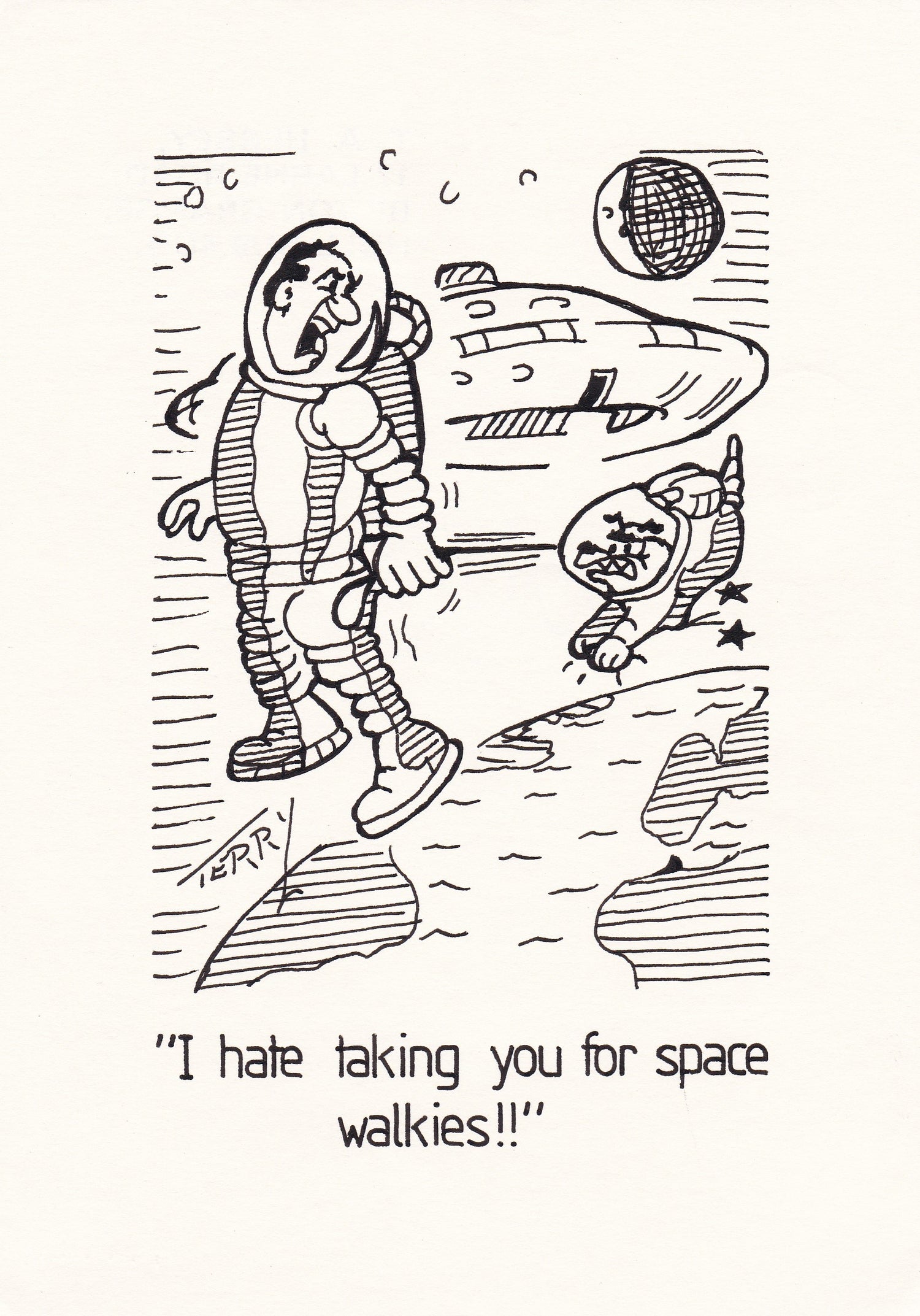Space Walk. Original Hand Drawn Cartoon Drawing