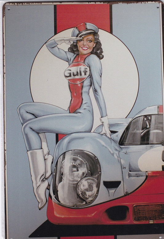 Gulf Oil Girl Porsche Racing Vintage Metal Sign